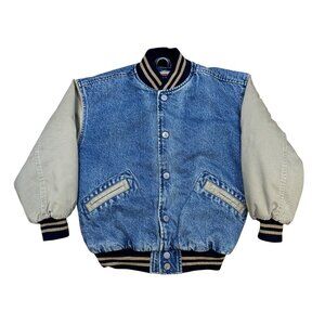 Vintage 90s GAP Kids Varsity Denim Bomber Jacket Size Small Blue Retro Snap Butt